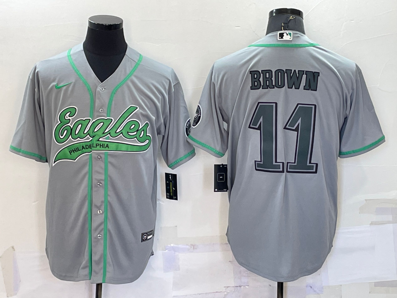 Men's Philadelphia Eagles #11 A. J. Brown Grey With Patch Cool Base Stitched Baseball Jersey